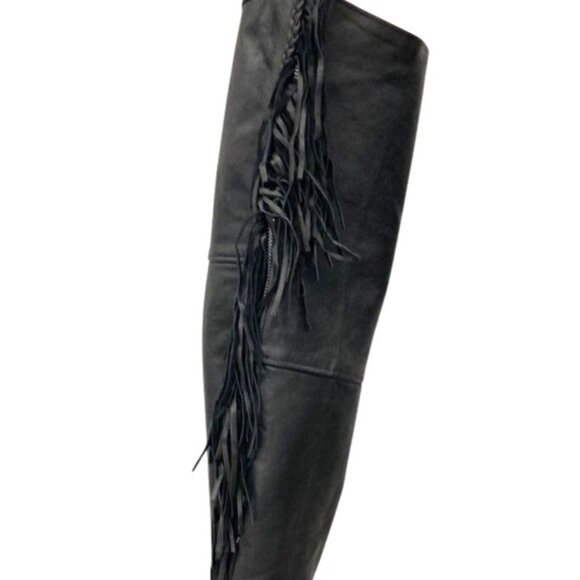 Road Dawgs Place Women's Black Leather Motorcycle Chaps With Rose Cutout Design - Picture 4 of 6